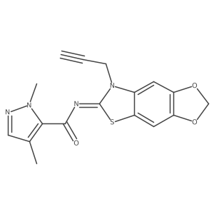 (Z)-1,4-dimethyl-N-(7-(prop-2-yn-1-yl)-[1,3]dioxolo[4',5':4,5]benzo[1,2-d]thiazol-6(7H)-ylidene)-1H-pyrazole-5-carboxamide结构式