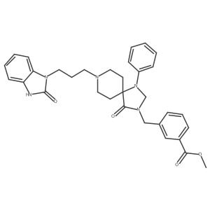 methyl 3-((4-oxo-8-(3-(2-oxo-2,3-dihydro-1H-benzo[d]imidazol-1-yl)propyl)-1-phenyl-1,3,8-triazaspiro[4.5]decan-3-yl)methyl)benzoate结构式