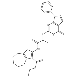 ethyl 2-(2-((4-oxo-1-phenyl-4,5-dihydro-1H-pyrazolo[3,4-d]pyrimidin-6-yl)thio)propanamido)-5,6,7,8-tetrahydro-4H-cyclohepta[b]thiophene-3-carboxylate Structure