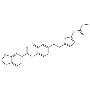 4-oxo-6-(((5-propionamido-1,3,4-thiadiazol-2-yl)thio)methyl)-4H-pyran-3-yl benzo[d][1,3]dioxole-5-carboxylate结构式