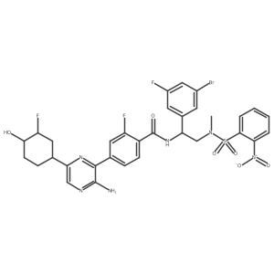 4-[3-amino-6-(3-fluoro-4-hydroxycyclohexyl)pyrazin-2-yl]-N-[1-(3-bromo-5-fluorophenyl)-2-[methyl-(2-nitrophenyl)sulfonylamino]ethyl]-2-fluorobenzamide Structure