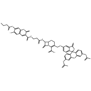 (6R,7R)-7-[3-[(7-butanoyloxy-6-chloro-2-oxochromene-3-carbonyl)amino]propanoylamino]-3-[(3',6'-diacetyloxy-3-oxospiro[2-benzofuran-1,9'-xanthene]-5-yl)sulfanylmethyl]-8-oxo-5-thia-1-azabicyclo[4.2.0]oct-2-ene-2-carboxylic acid Structure