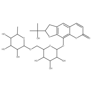 7H-Furo[3,2-g][1]benzopyran-7-one, 9-[[6-O-(6-deoxy-I+/--L-mannopyranosyl)-I(2)-D-glucopyranosyl]oxy]-2,3-dihydro-2-(1-hydroxy-1-methylethyl)-, (S)-结构式