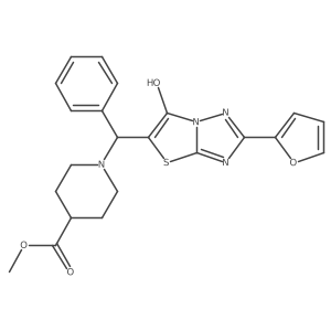 Methyl 1-((2-(furan-2-yl)-6-hydroxythiazolo[3,2-b][1,2,4]triazol-5-yl)(phenyl)methyl)piperidine-4-carboxylate结构式