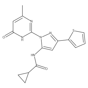 N-[1-(4-methyl-6-oxo-1,6-dihydropyrimidin-2-yl)-3-(thiophen-2-yl)-1H-pyrazol-5-yl]cyclopropanecarboxamide结构式