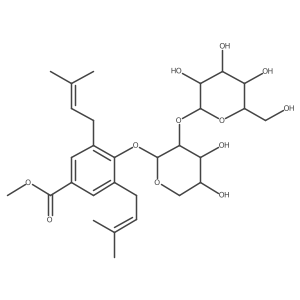 Methyl 4-(((2S,3R,4S,5S)-4,5-dihydroxy-3-(((2S,3R,4S,5S,6R)-3,4,5-trihydroxy-6-(hydroxymethyl)tetrahydro-2H-pyran-2-yl)oxy)tetrahydro-2H-pyran-2-yl)oxy)-3,5-bis(3-methylbut-2-en-1-yl)benzoate结构式