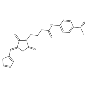 (E)-4-(5-(furan-2-ylmethylene)-4-oxo-2-thioxothiazolidin-3-yl)-N-(4-nitrophenyl)butanamide结构式