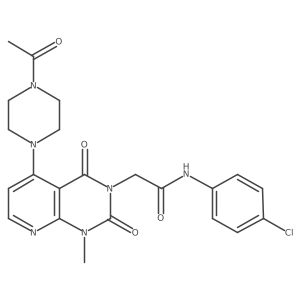 CC(=O)N1CCN(c2ccnc3c2c(=O)n(CC(=O)Nc2ccc(Cl)cc2)c(=O)n3C)CC1结构式