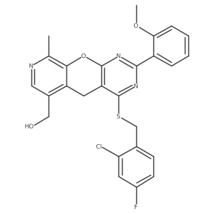 (7-{[(2-Chloro-4-fluorophenyl)methyl]sulfanyl}-5-(2-methoxyphenyl)-14-methyl-2-oxa-4,6,13-triazatricyclo[8.4.0.0^{3,8}]tetradeca-1(10),3(8),4,6,11,13-hexaen-11-yl)methanol结构式