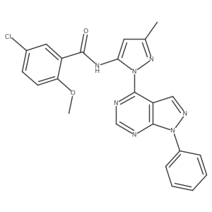 5-chloro-2-methoxy-N-(3-methyl-1-{1-phenyl-1H-pyrazolo[3,4-d]pyrimidin-4-yl}-1H-pyrazol-5-yl)benzamide结构式