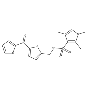 1,3,5-trimethyl-N-((5-(thiophene-2-carbonyl)thiophen-2-yl)methyl)-1H-pyrazole-4-sulfonamide结构式