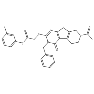 2-({11-acetyl-4-benzyl-3-oxo-8-thia-4,6,11-triazatricyclo[7.4.0.0^{2,7}]trideca-1(9),2(7),5-trien-5-yl}sulfanyl)-N-(3-methylphenyl)acetamide结构式