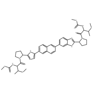 Methyl N-[(1S,2R)-2-methoxy-1-[[(2S)-2-[5-[6-[2-[(2S)-1-[(2S,3R)-3-methoxy-2-[(methoxycarbonyl)amino]-1-oxobutyl]-2-pyrrolidinyl]-1H-benzimidazol-6-yl]-2-naphthalenyl]-1H-imidazol-2-yl]-1-pyrrolidinyl]carbonyl]propyl]carbamate结构式