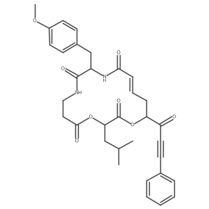 I(2)-Alanine, N-[N-[5-[(2-hydroxy-4-methyl-1-oxopentyl)oxy]-1,6-dioxo-8-phenyl-2-octen-7-ynyl]-O-methyl-D-tyrosyl]-, I(3/4)-lactone, [S-[R*,R*-(E)]]-结构式