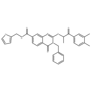 3-benzyl-2-{[1-(3,4-dimethylphenyl)-1-oxopropan-2-yl]sulfanyl}-N-[(furan-2-yl)methyl]-4-oxo-3,4-dihydroquinazoline-7-carboxamide结构式