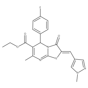 (E)-ethyl 5-(4-fluorophenyl)-7-methyl-2-((1-methyl-1H-pyrazol-4-yl)methylene)-3-oxo-3,5-dihydro-2H-thiazolo[3,2-a]pyrimidine-6-carboxylate Structure