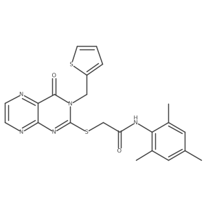 2-({4-oxo-3-[(thiophen-2-yl)methyl]-3,4-dihydropteridin-2-yl}sulfanyl)-N-(2,4,6-trimethylphenyl)acetamide结构式