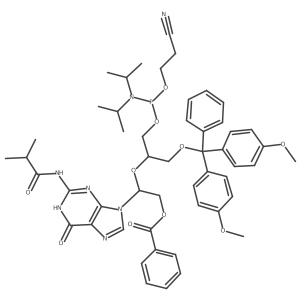 [(2R)-2-[(2R)-1-[bis(4-methoxyphenyl)-phenylmethoxy]-3-[2-cyanoethoxy-[di(propan-2-yl)amino]phosphanyl]oxypropan-2-yl]oxy-2-[2-(2-methylpropanoylamino)-6-oxo-1H-purin-9-yl]ethyl] benzoate结构式