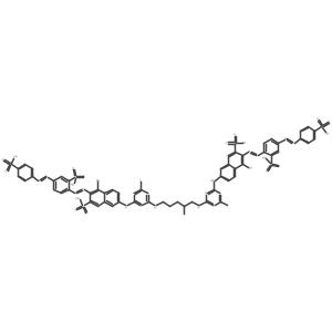 7,7'-((2-Methylpentane-1,5-diyl)bis(imino(6-fluoro-1,3,5-triazine-4,2-diyl)imino))bis(4-hydroxy-3-((2-sulfo-4-((4-sulfophenyl)diazenyl)phenyl)diazenyl)naphthalene-2-sulfonic acid)结构式