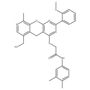 N-(3,4-dimethylphenyl)-2-{[11-(hydroxymethyl)-5-(2-methoxyphenyl)-14-methyl-2-oxa-4,6,13-triazatricyclo[8.4.0.0^{3,8}]tetradeca-1(10),3(8),4,6,11,13-hexaen-7-yl]sulfanyl}acetamide结构式
