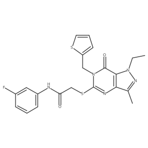 2-((1-ethyl-3-methyl-7-oxo-6-(thiophen-2-ylmethyl)-6,7-dihydro-1H-pyrazolo[4,3-d]pyrimidin-5-yl)thio)-N-(3-fluorophenyl)acetamide结构式