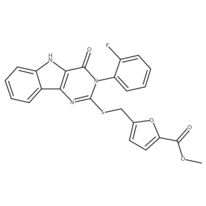 methyl 5-(((3-(2-fluorophenyl)-4-oxo-4,5-dihydro-3H-pyrimido[5,4-b]indol-2-yl)thio)methyl)furan-2-carboxylate结构式