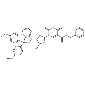 N-Benzyl-1-((2R,4S,5R)-5-((bis(4-methoxyphenyl)(phenyl)methoxy)methyl)-4-hydroxytetrahydrofuran-2-yl)-2,4-dioxo-1,2,3,4-tetrahydropyrimidine-5-carboxamide Structure