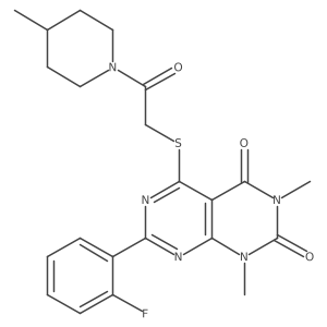 7-(2-fluorophenyl)-1,3-dimethyl-5-((2-(4-methylpiperidin-1-yl)-2-oxoethyl)thio)pyrimido[4,5-d]pyrimidine-2,4(1H,3H)-dione Structure