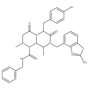 (6S,9S)-8-((2-Aminobenzo[d]thiazol-4-yl)methyl)-N-benzyl-6-(4-hydroxybenzyl)-2,9-dimethyl-4,7-dioxooctahydro-1H-pyrazino[2,1-c][1,2,4]triazine-1-carboxamide结构式