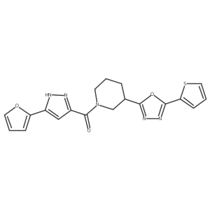(3-(furan-2-yl)-1H-pyrazol-5-yl)(3-(5-(thiophen-2-yl)-1,3,4-oxadiazol-2-yl)piperidin-1-yl)methanone结构式