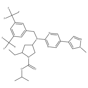 (2R,4S)-4-{(3,5-Bis-trifluoromethyl-benzyl)-[5-(1-methyl-1H-pyrazol-4-yl)-pyrimidin-2-yl]-amino}-2-ethyl-pyrrolidine-1-carboxylic acid isopropyl ester Structure