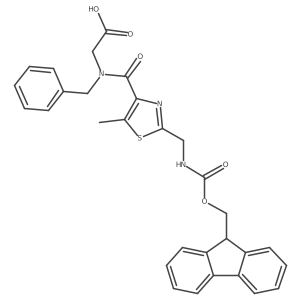 2-(N-benzyl-1-{2-[({[(9H-fluoren-9-yl)methoxy]carbonyl}amino)methyl]-5-methyl-1,3-thiazol-4-yl}formamido)acetic acid结构式