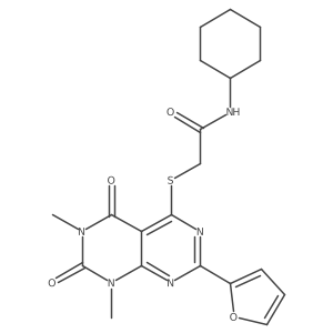 N-cyclohexyl-2-((2-(furan-2-yl)-6,8-dimethyl-5,7-dioxo-5,6,7,8-tetrahydropyrimido[4,5-d]pyrimidin-4-yl)thio)acetamide结构式