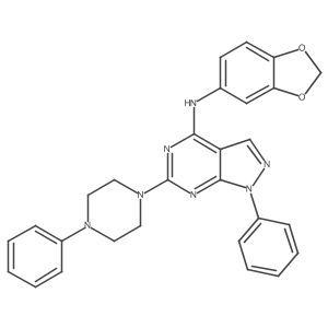 N-(1,3-benzodioxol-5-yl)-1-phenyl-6-(4-phenylpiperazin-1-yl)-1H-pyrazolo[3,4-d]pyrimidin-4-amine结构式