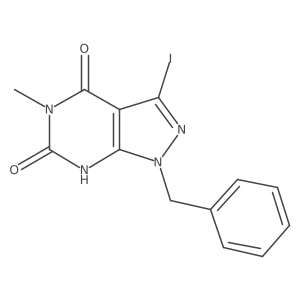 3-Iodo-5-methyl-1-(phenylmethyl)-1H-pyrazolo[3,4-d]pyrimidine-4,6(5H,7H)-dione结构式
