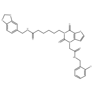 N-(1,3-benzodioxol-5-ylmethyl)-6-[1-{2-[(2-chlorobenzyl)amino]-2-oxoethyl}-2,4-dioxo-1,4-dihydrothieno[3,2-d]pyrimidin-3(2H)-yl]hexanamide结构式