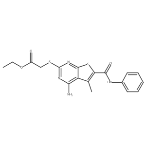 Acetic acid, 2-[[4-amino-5-methyl-6-[(phenylamino)carbonyl]thieno[2,3-d]pyrimidin-2-yl]thio]-, ethyl ester结构式