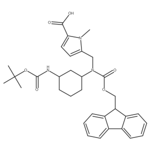 5-({[(1R,3R)-3-{[(tert-butoxy)carbonyl]amino}cyclohexyl]({[(9H-fluoren-9-yl)methoxy]carbonyl})amino}methyl)-1-methyl-1H-pyrrole-2-carboxylic acid Structure