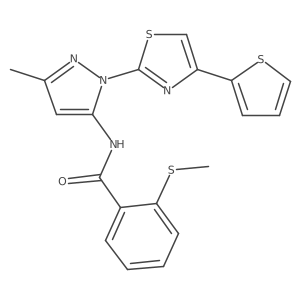 N-(3-methyl-1-(4-(thiophen-2-yl)thiazol-2-yl)-1H-pyrazol-5-yl)-2-(methylthio)benzamide结构式