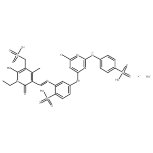 Potassium sodium 5-(5-(4-chloro-6-(4-sulfonatophenylamino)-1,3,5-triazin-2-ylamino)-2-sulfonatophenylazo)-1-ethyl-1,6-dihydro-2-hydroxy-4-methyl-6-oxo-3-pyridinemethanesulfonate Structure