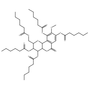 Hexanoic acid, 1,1a(2),1a(2)a(2),1a(2)a(2)a(2)-[(2R,3R,4R,4aS,10bS)-2,3,4,4a,6,10b-hexahydro-9-methoxy-6-oxo-2-[[(1-oxohexyl)oxy]methyl]pyrano[3,2-c][2]benzopyran-3,4,8,10-tetrayl] ester Structure