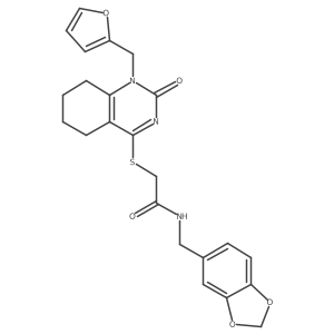 N-[(2H-1,3-benzodioxol-5-yl)methyl]-2-({1-[(furan-2-yl)methyl]-2-oxo-1,2,5,6,7,8-hexahydroquinazolin-4-yl}sulfanyl)acetamide结构式