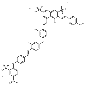Trisodium 4-hydroxy-5-((2-hydroxy-4-((3-hydroxy-4-((4-((4-nitro-2-sulphonatophenyl)amino)phenyl)azo)phenyl)amino)phenyl)azo)-3-((4-methoxyphenyl)azo)naphthalene-2,7-disulphonate Structure
