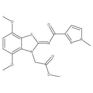 (Z)-methyl 2-(4,7-dimethoxy-2-((1-methyl-1H-pyrazole-3-carbonyl)imino)benzo[d]thiazol-3(2H)-yl)acetate Structure