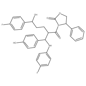(4S)-3-[(2R,5S)-5-(4-Fluorophenyl)-2-[(R)-[(4-fluorophenyl)amino](4-hydroxyphenyl)methyl]-5-hydroxy-1-oxopentyl]-4-phenyl-2-oxazolidinone结构式