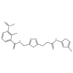 2-methyl-N-((5-((2-((4-methylthiazol-2-yl)amino)-2-oxoethyl)thio)-1,3,4-oxadiazol-2-yl)methyl)-3-nitrobenzamide结构式