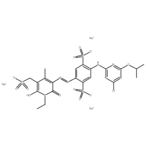 Trisodium 2-((4-chloro-6-(1-methylethoxy)-1,3,5-triazin-2-yl)amino)-5-((1-ethyl-1,6-dihydro-2-hydroxy-4-methyl-6-oxo-5-(sulphonatomethyl)-3-pyridyl)azo)benzene-1,4-disulphonate结构式
