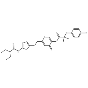 6-(((5-(2-ethylbutanamido)-1,3,4-thiadiazol-2-yl)thio)methyl)-4-oxo-4H-pyran-3-yl 2-(4-chlorophenoxy)-2-methylpropanoate结构式