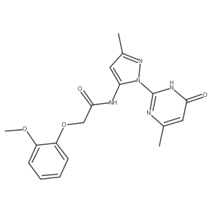 2-(2-methoxyphenoxy)-N-(3-methyl-1-(4-methyl-6-oxo-1,6-dihydropyrimidin-2-yl)-1H-pyrazol-5-yl)acetamide结构式