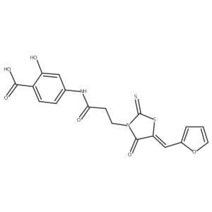 (E)-4-(3-(5-(furan-2-ylmethylene)-4-oxo-2-thioxothiazolidin-3-yl)propanamido)-2-hydroxybenzoic acid结构式